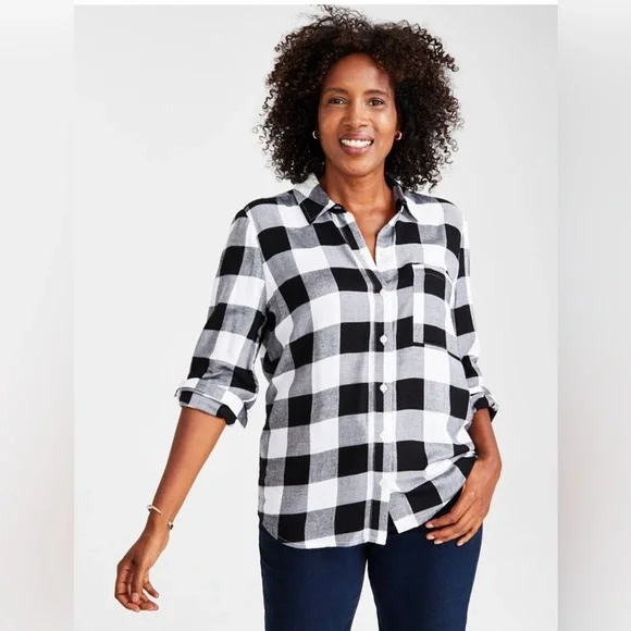 Formal Shirt With Black And White Checkered Dress Shirt Style Tops Large  Womens Cotton Buffalo Plaid